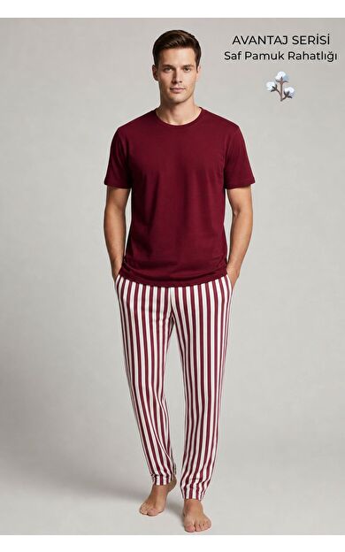 Mısırlı Erkek Pamuk Çizgili Pijama Takım Bordo