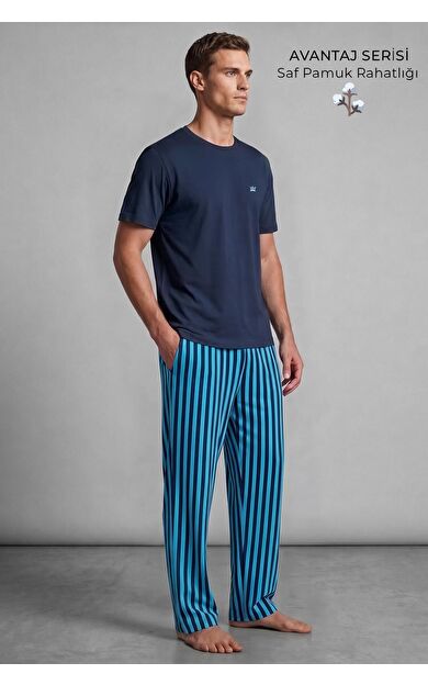 Mısırlı Erkek Pamuk Çizgili Pijama Takım Lacivert/Mavi