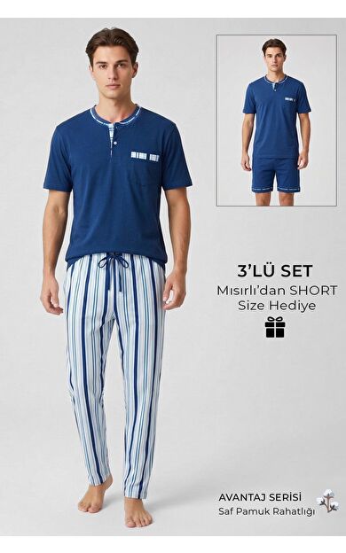 Mısırlı Erkek Pamuk Düğmeli 3 Lü Takım Lacivert