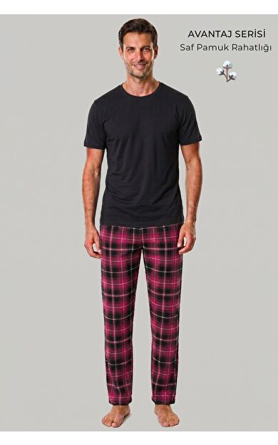 Mısırlı Erkek Pamuk Ekoseli Alt Pijama Açık Kırmızıı