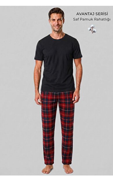 Mısırlı Erkek Pamuk Ekoseli Alt Pijama Kırmızı