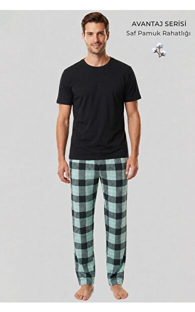 Mısırlı Erkek Pamuk Ekoseli Alt Pijama Mint