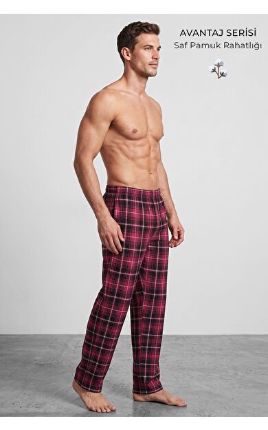 Mısırlı Erkek Pamuk Ekoseli Alt Pijama Açık Kırmızıı