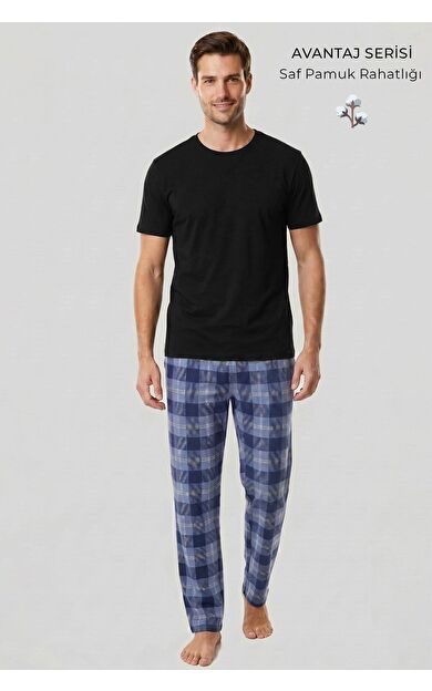 Mısırlı Erkek Pamuk Ekoseli Alt Pijama Mavi