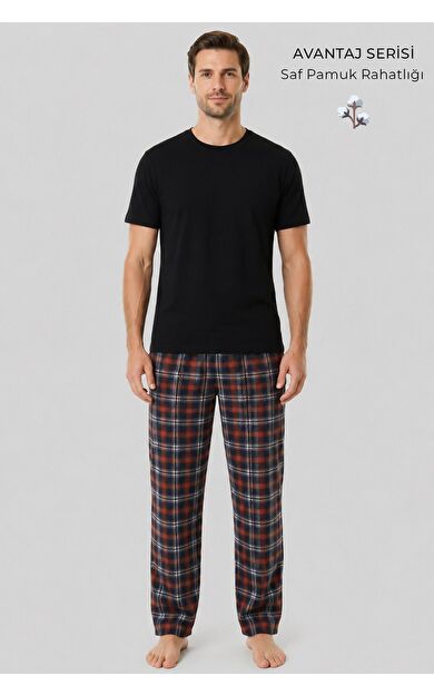 Mısırlı Erkek Pamuk Ekoseli Alt Pijama Oranj