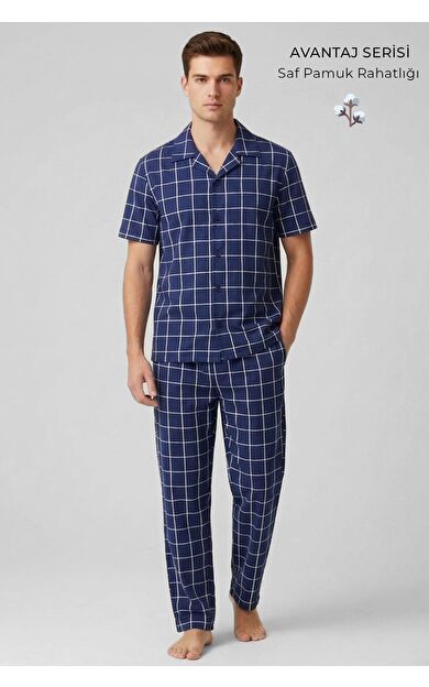 Mısırlı Erkek Pamuk Ekoseli Gömlek Pijama Takım Lacivert