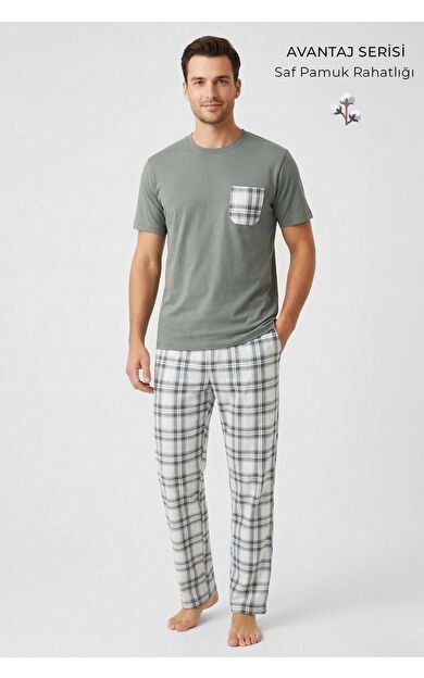 Mısırlı Erkek Pamuk Ekoseli Pijama Takım Adaçayı Yeşili