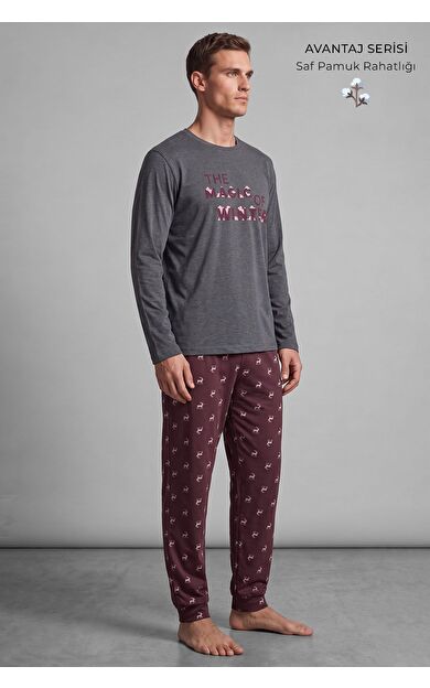 Mısırlı Erkek Pamuk Geyik Desenli Pijama Takım Antrasit/Bordo