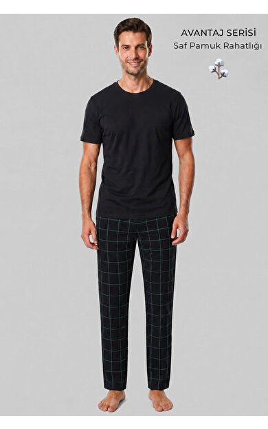 Mısırlı Erkek Pamuk İnce Ekoseli Alt  Pijama Siyah-Mint