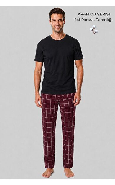Mısırlı Erkek Pamuk İnce Ekoseli Alt  Pijama Bordo