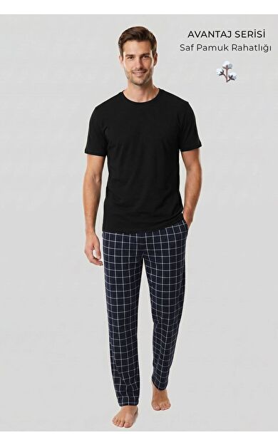 Mısırlı Erkek Pamuk İnce Ekoseli Alt  Pijama Lacivert