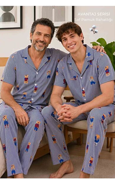 Mısırlı Erkek Pamuk Kısa Kollu Gömlek Pijama Takım Lacivert