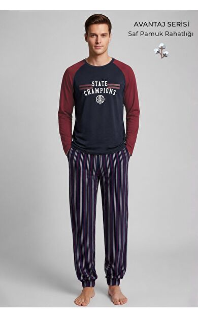 Mısırlı Erkek Pamuk Reglan Kol Pijama Takım Lacivert