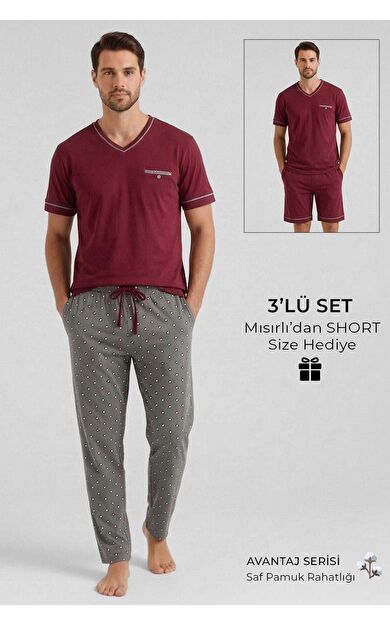 Mısırlı Erkek Pamuk V Yaka Cepli 3 Lü Takım Antrasit/Bordo