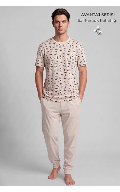 Mısırlı Erkek Pamuklu Animal Desenli Pijama Takım Açık Bej