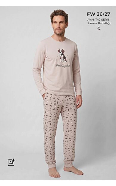 Mısırlı Erkek Pamuklu Baskılı Pijama Takım Ekru