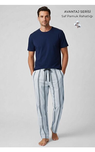 Mısırlı Erkek Pamuklu Bisiklet Yaka Çizgili Pijama Takım Lacivert/Mavi