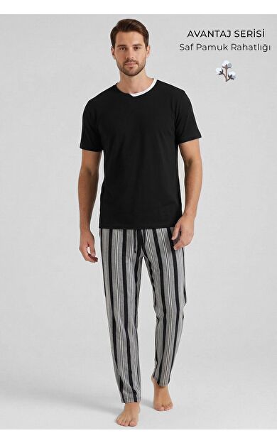 Mısırlı Erkek Pamuklu Bisiklet Yaka Çizgili Pijama Takım Siyah