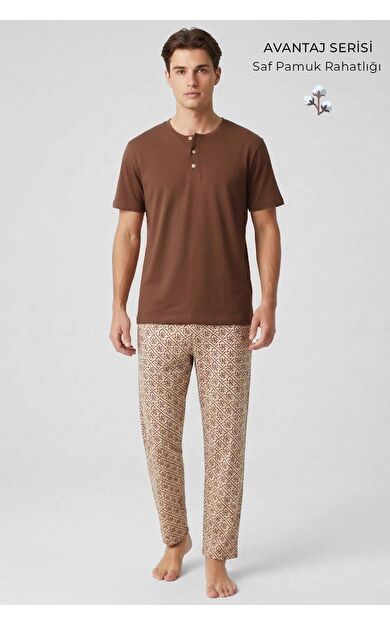 Mısırlı Erkek Pamuklu Bisiklet Yaka Düğmeli Pijama Takım Kahve/Bej