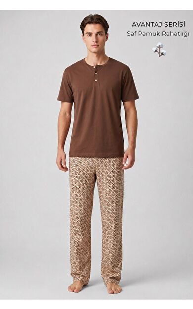 Mısırlı Erkek Pamuklu Bisiklet Yaka Düğmeli Pijama Takım Kahve/Bej