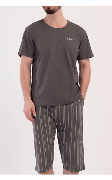 Mısırlı Erkek Pamuklu Çizgili Kısa Kollu Kapri Takım Füme