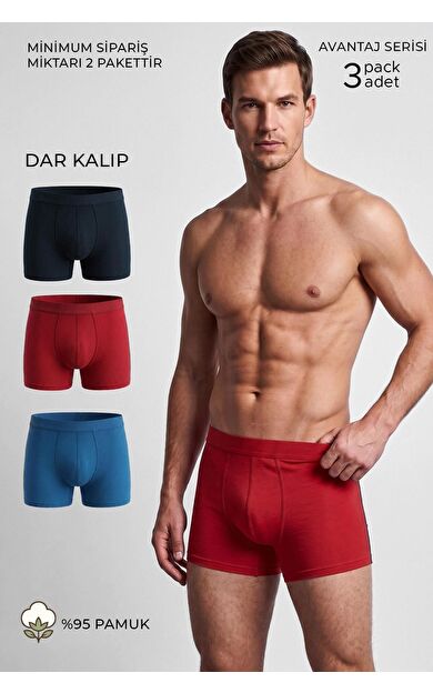 Mısırlı Erkek Pamuklu Ekonamik Üçlü Pack Boxer Lacivert-Kırmızı-Sax