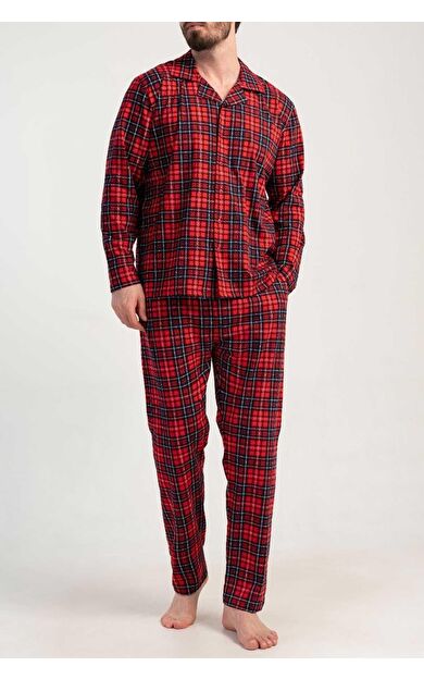 Mısırlı Erkek Pamuklu Ekoseli Uzun Kollu Gömlek Pijama Takımı Kırmızı