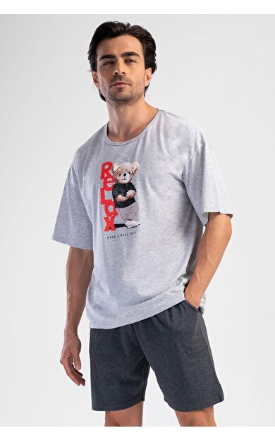Mısırlı Erkek Pamuklu Kısa Kol Şort Pijama Takımı Gri Melanj
