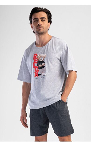 Mısırlı Erkek Pamuklu Kısa Kol Şort Pijama Takımı Gri Melanj