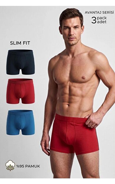 Mısırlı Erkek Pamuklu Ekonamik Üçlü Pack Boxer Lacivert-Kırmızı-Sax