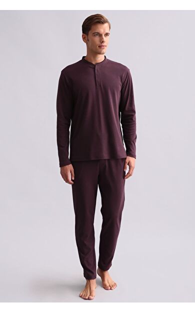 Mısırlı Erkek Pamuklu Uzun Kollu Hakim Yaka Pijama Takımı Bordo