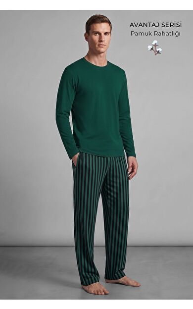 Mısırlı Erkek Pamuklu Uzun Kollu Pijama Takım Zümrüt Yeşil-Siyah