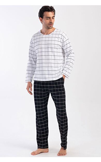 Mısırlı Erkek Pamuklu Uzun Kollu Pijama Takımı Beyaz