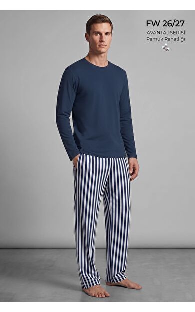 Mısırlı Erkek Pamuklu Uzun Kollu Pijama Takım Lacivert-Ekru