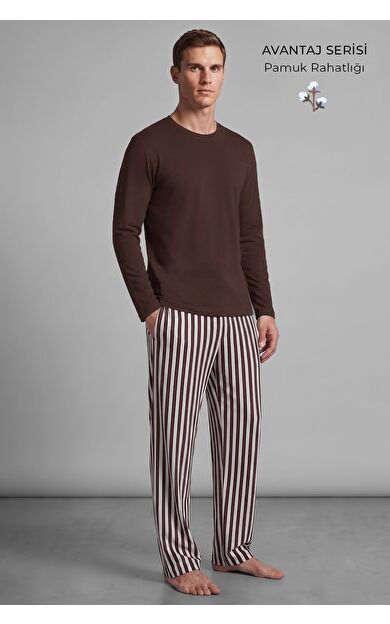 Mısırlı Erkek Pamuklu Uzun Kollu Pijama Takım Kahverengi-Ekru