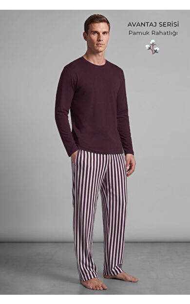 Mısırlı Erkek Pamuklu Uzun Kollu Pijama Takım Mürdüm- Ekru