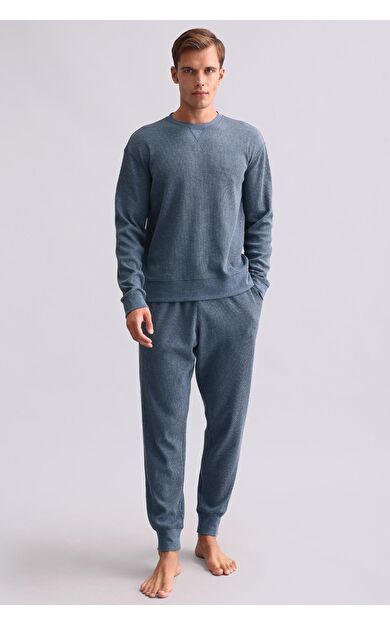 Mısırlı Erkek Pamuklu Uzun Kollu Pijama Takımı İndigo