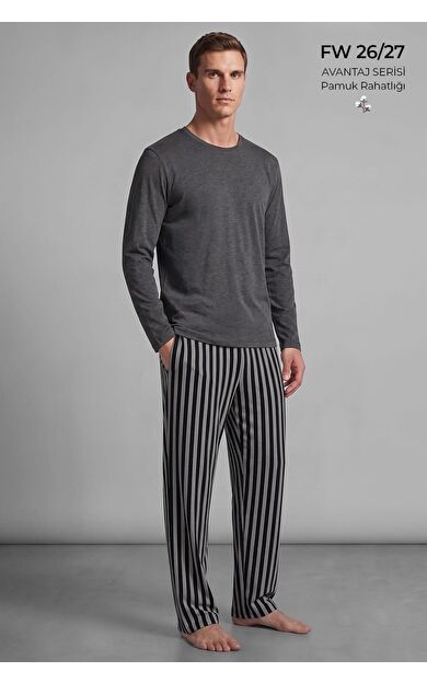 Mısırlı Erkek Pamuklu Uzun Kollu Pijama Takım Antrasit-Siyah
