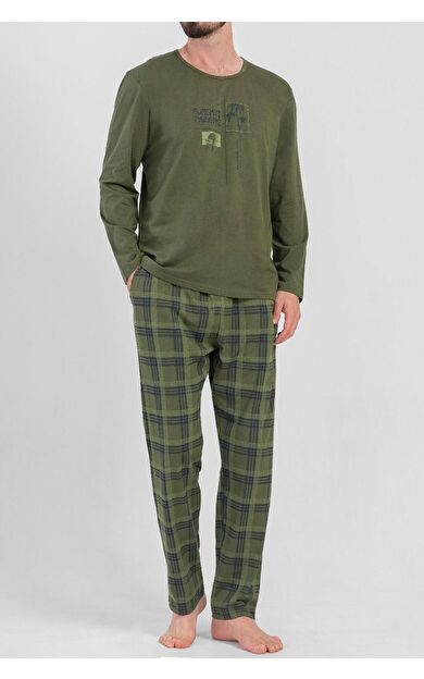 Mısırlı Erkek Pamuklu Uzun Kollu Pijama Takımı Haki