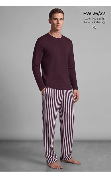 Mısırlı Erkek Pamuklu Uzun Kollu Pijama Takım Mürdüm- Ekru
