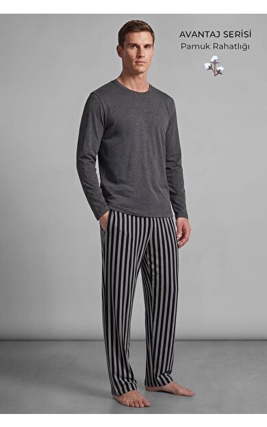 Mısırlı Erkek Pamuklu Uzun Kollu Pijama Takım Antrasit-Siyah