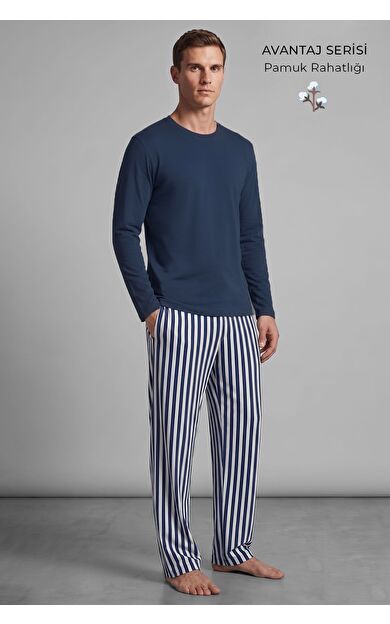 Mısırlı Erkek Pamuklu Uzun Kollu Pijama Takım Lacivert-Ekru