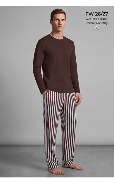 Mısırlı Erkek Pamuklu Uzun Kollu Pijama Takım Kahverengi-Ekru