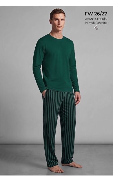 Mısırlı Erkek Pamuklu Uzun Kollu Pijama Takım Zümrüt Yeşil-Siyah