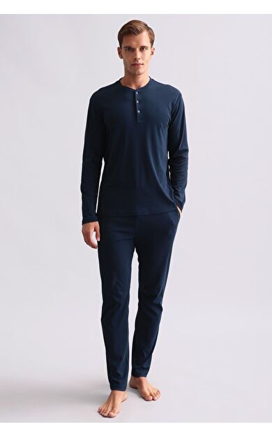 Mısırlı Erkek Pamuklu Uzun Kollu Yakası Düğmeli Pijama Takımı Lacivert