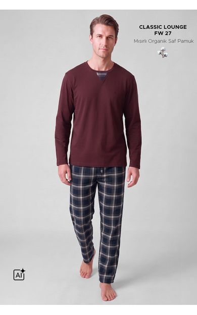 Mısırlı Erkek Pamuklu V Yaka Pijama Takım Bordo