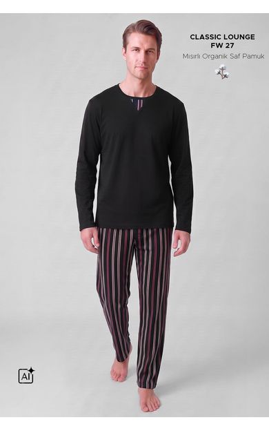 Mısırlı Erkek Pamuklu V Yaka Pijama Takım Siyah