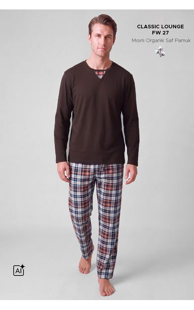 Mısırlı Erkek Pamuklu V Yaka Pijama Takım Kahverengi