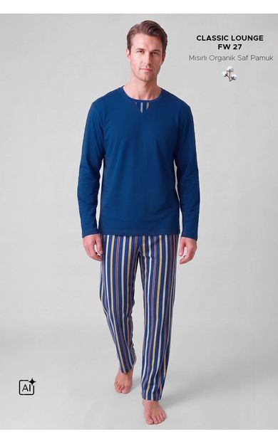 Mısırlı Erkek Pamuklu V Yaka Pijama Takım Saks