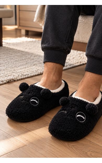 Mısırlı Erkek Panda Figürlü Panduf Siyah
